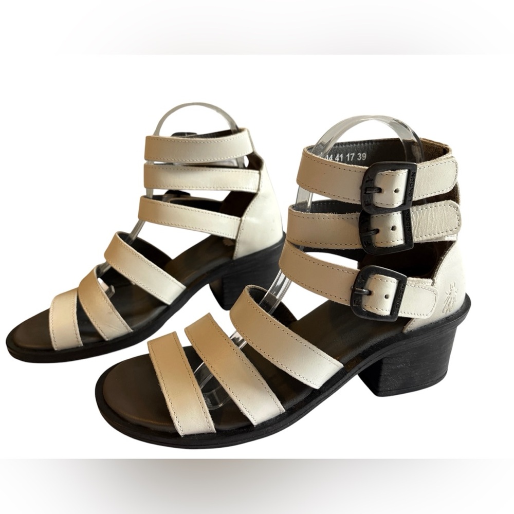 FLY London Ceda Leather Multi Strap Heeled Sandals White Size 39 / 8 / 8.5